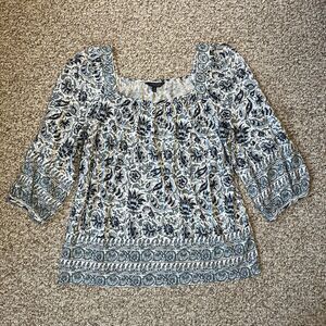 Lucky Brand Womens Paisley Floral Blouse Top Size S Beachy Boho Blue Square Neck